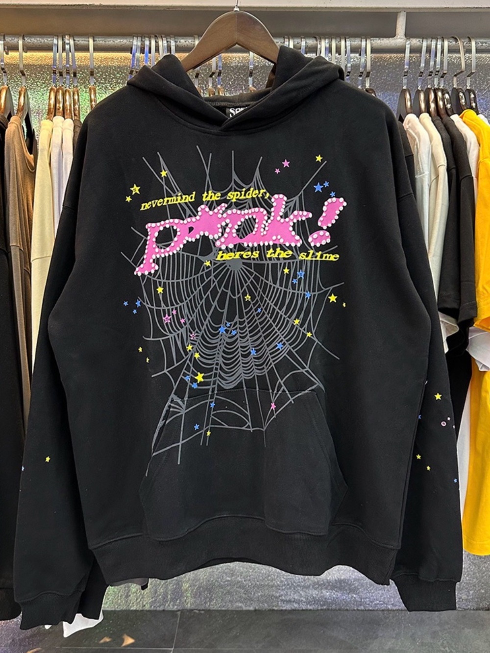 Black Graphic Spiderweb Hoodie with Pink Logo